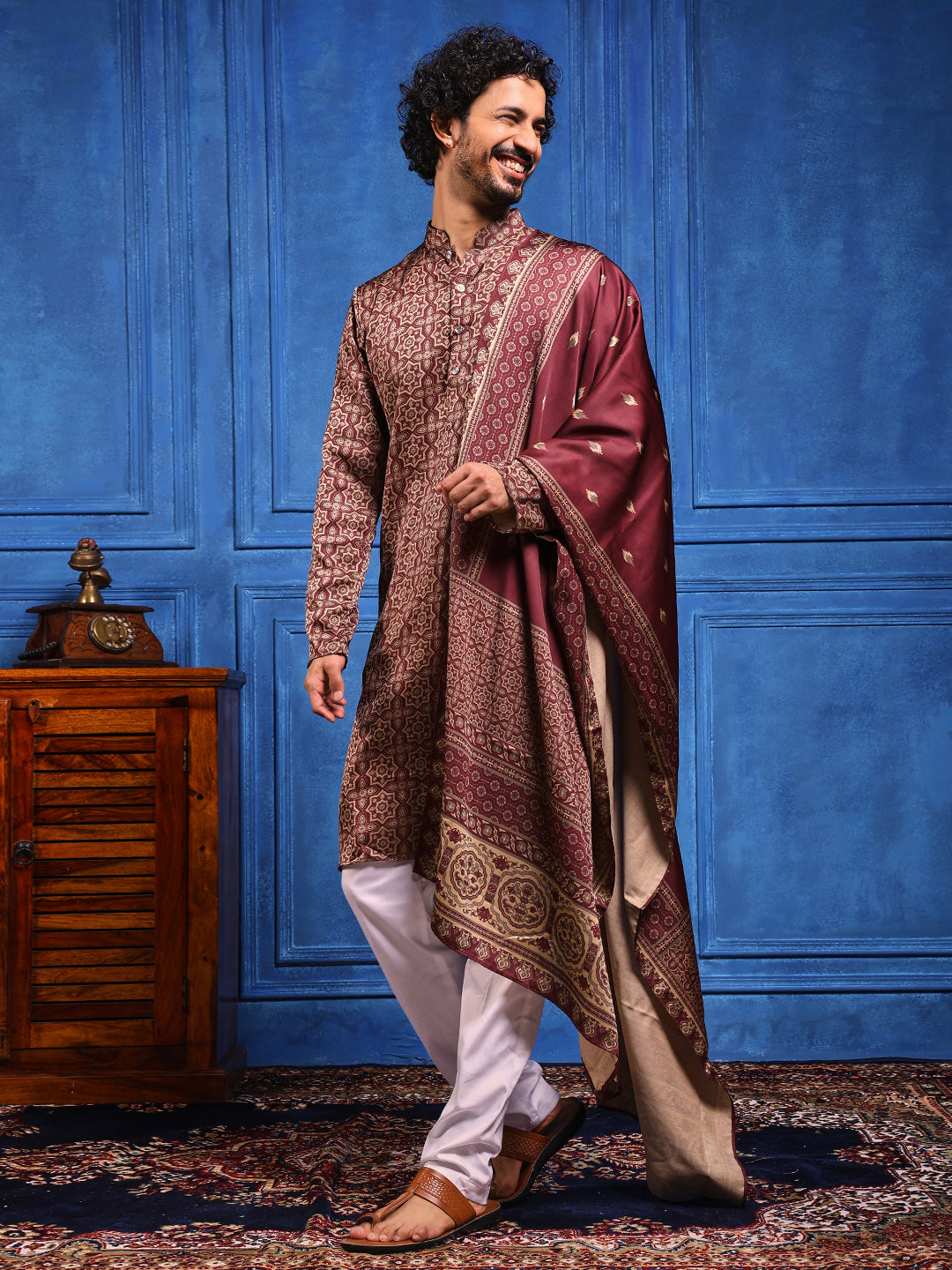 Burgundy Printed Cotton Silk Kurta Plus Dupatta pant Set