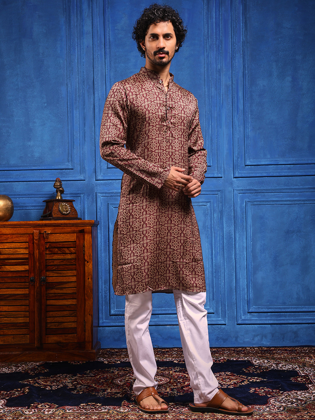 Burgundy Printed Cotton Silk Kurta Plus Dupatta pant Set