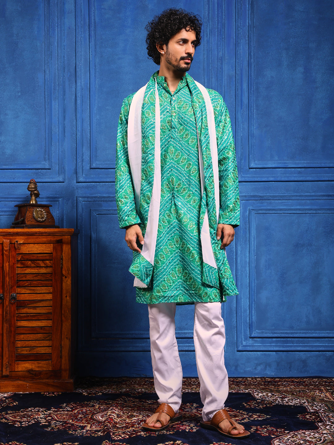 Green Bandhani Printed Kurta Plus Dupatta Set