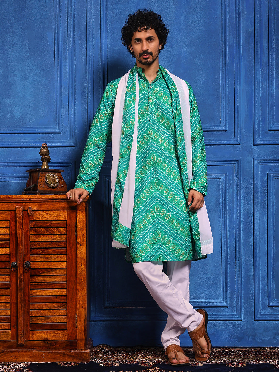 Green Bandhani Printed Kurta Plus Dupatta Set