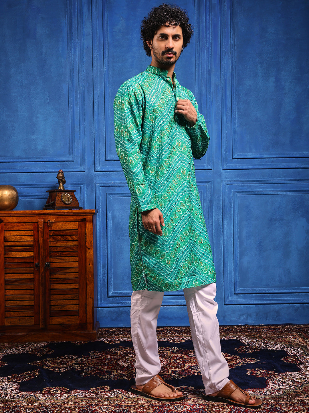 Green Bandhani Printed Kurta Plus Dupatta Set