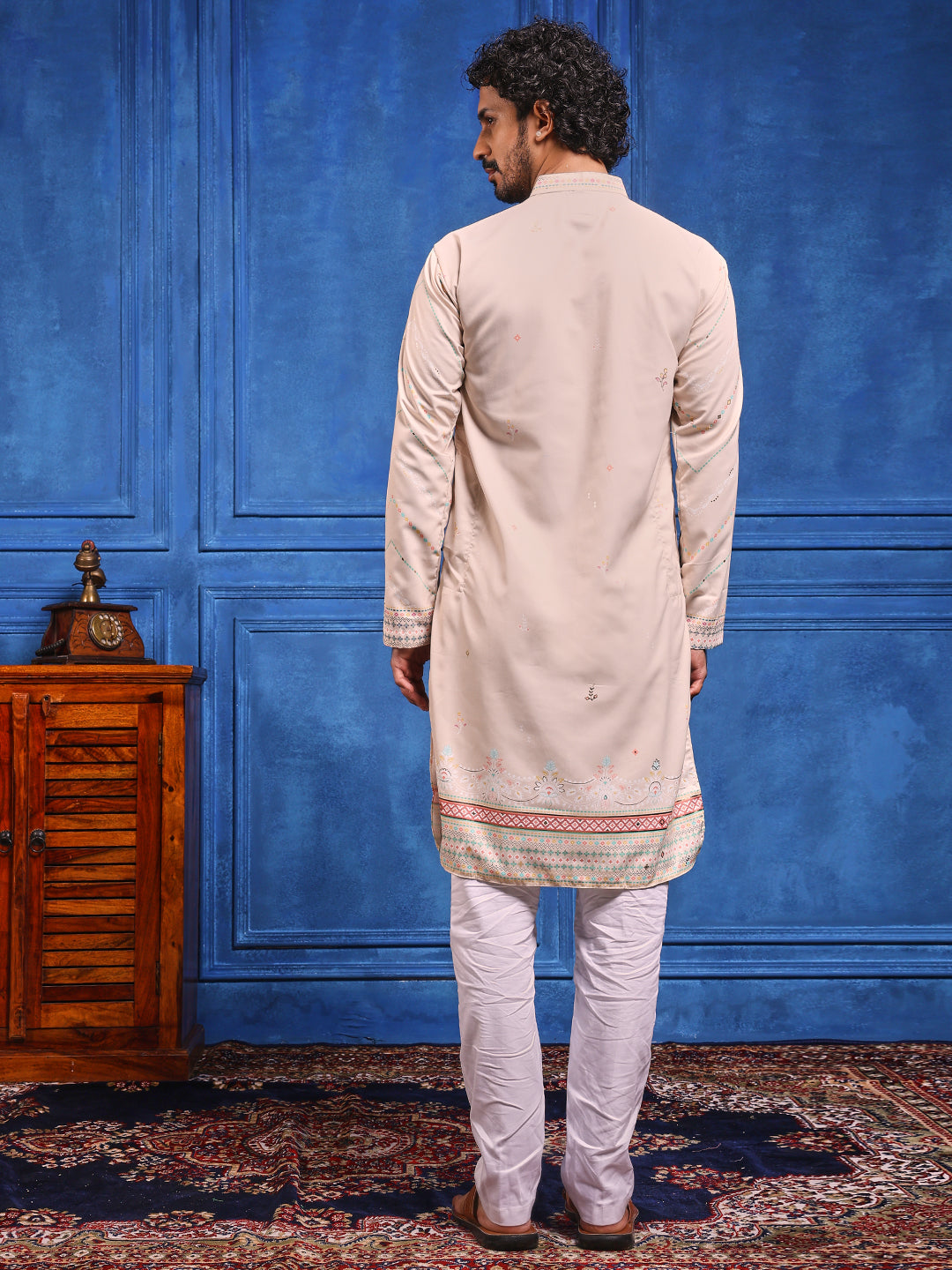 Off White Foil Print On Cotton Satin Kurta