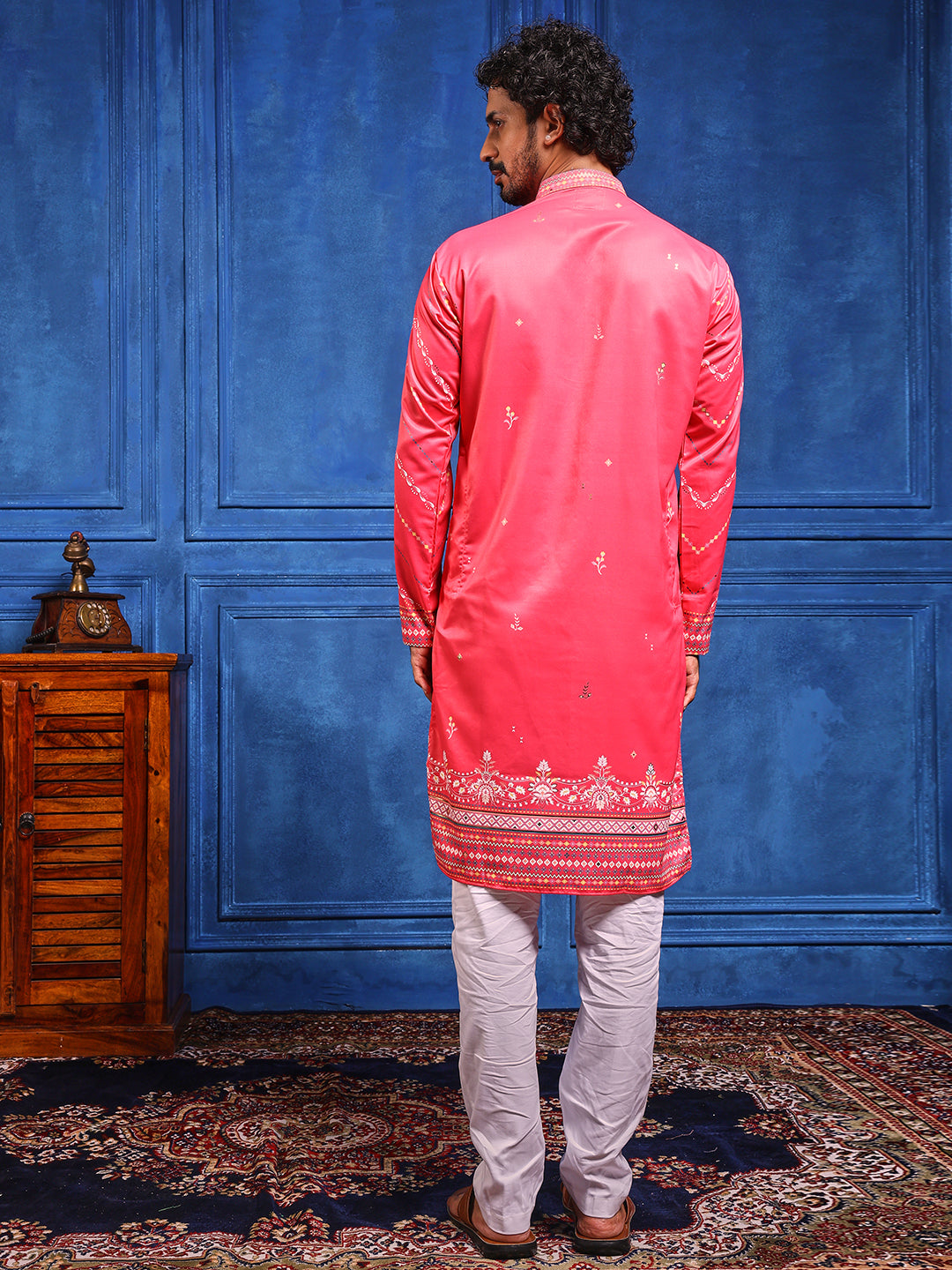 Dark Pink Foil Print On Cotton Satin Kurta