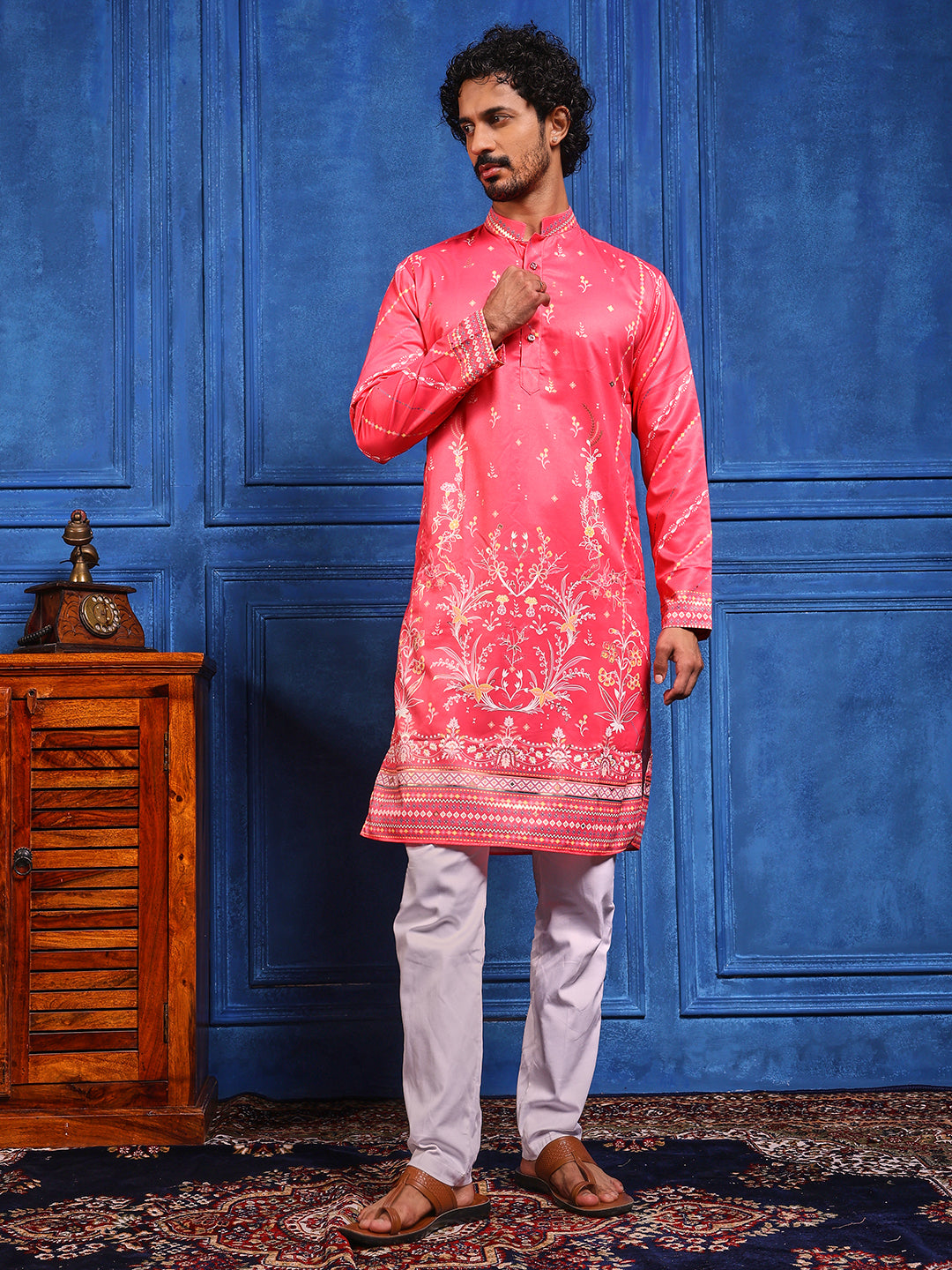 Dark Pink Foil Print On Cotton Satin Kurta