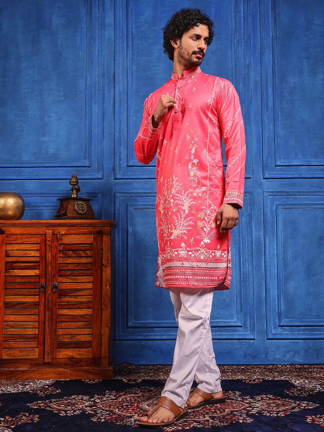 Dark Pink Foil Print On Cotton Satin Kurta