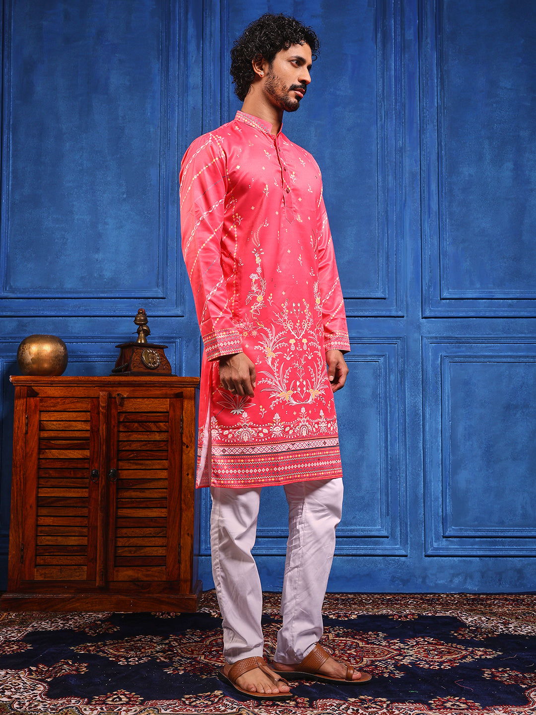 Dark Pink Foil Print On Cotton Satin Kurta