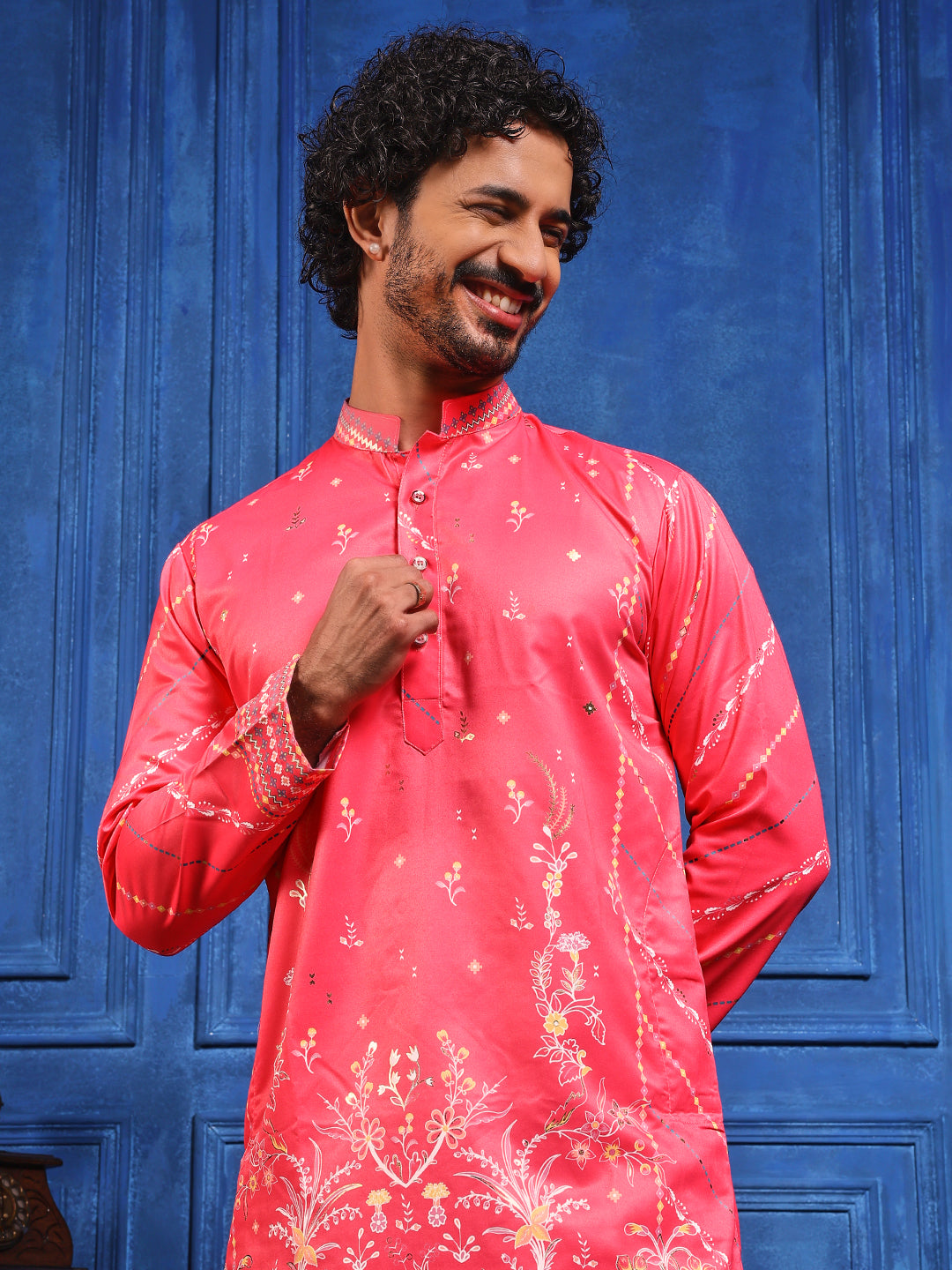 Dark Pink Foil Print On Cotton Satin Kurta