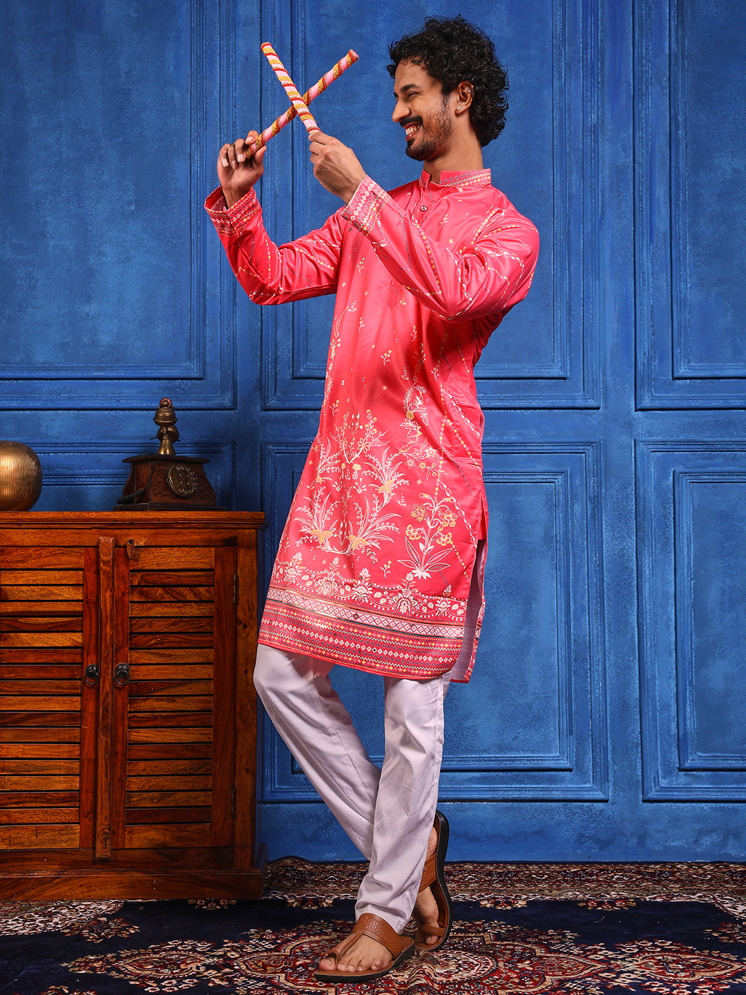 Dark Pink Foil Print On Cotton Satin Kurta