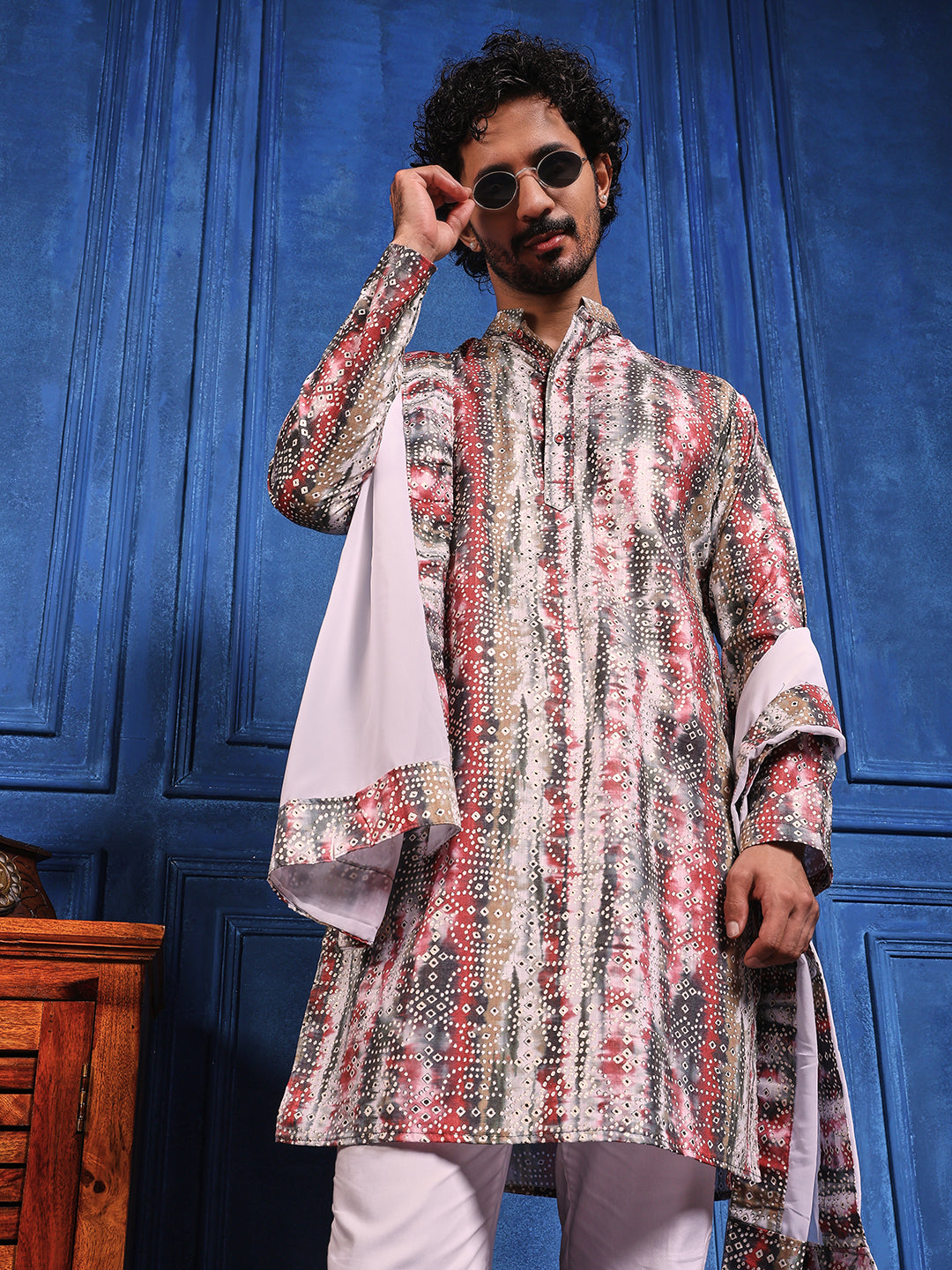 White bandhani  Printed Kurta Plus Dupatta Set