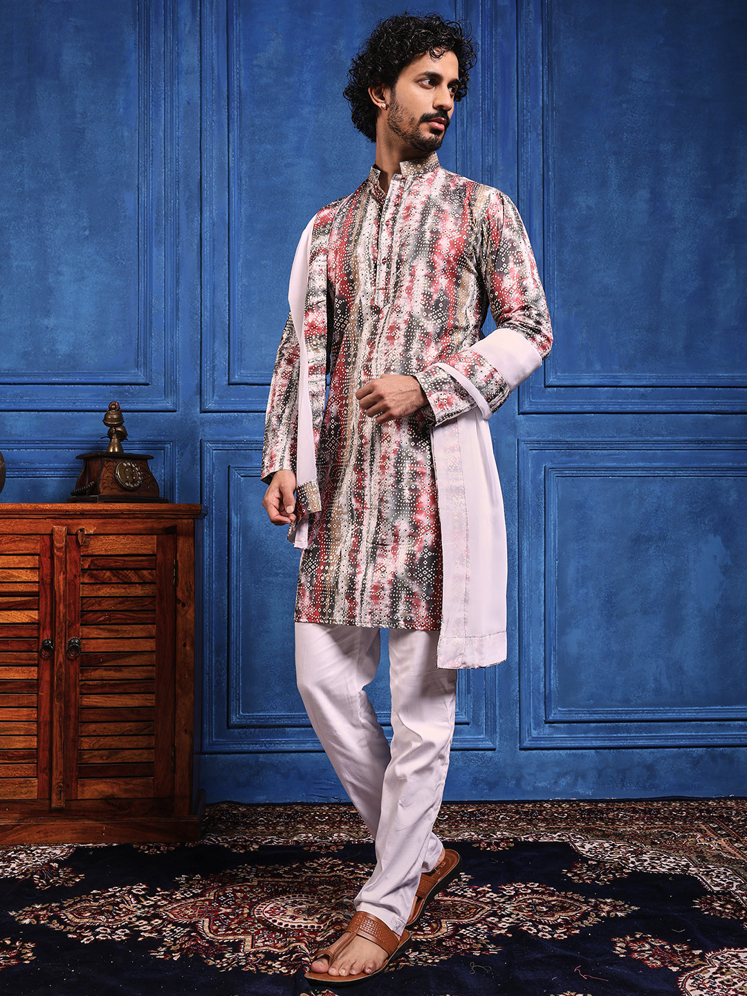 White bandhani  Printed Kurta Plus Dupatta Set