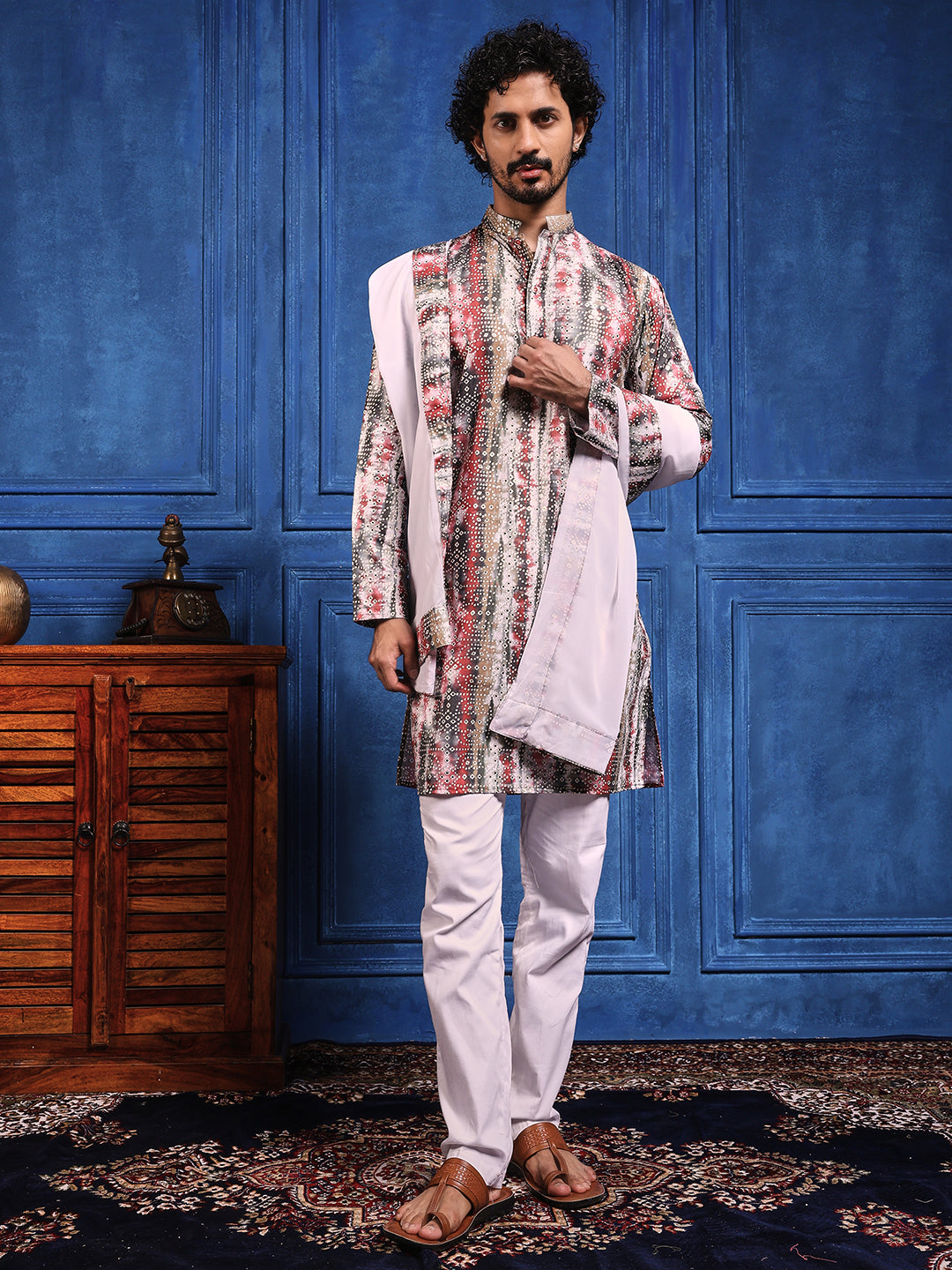 White bandhani  Printed Kurta Plus Dupatta Set
