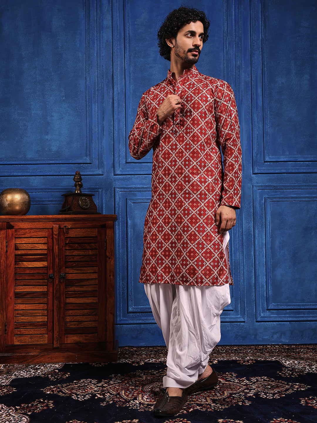 Deep Red Bandhani Printed Kurta Plus Dupatta Set