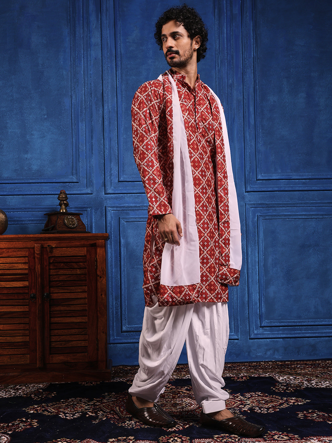 Deep Red Bandhani Printed Kurta Plus Dupatta Set