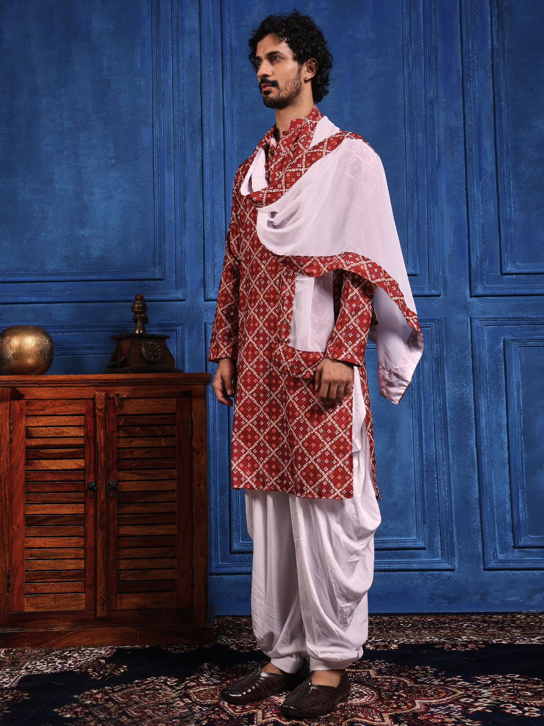Deep Red Bandhani Printed Kurta Plus Dupatta Set