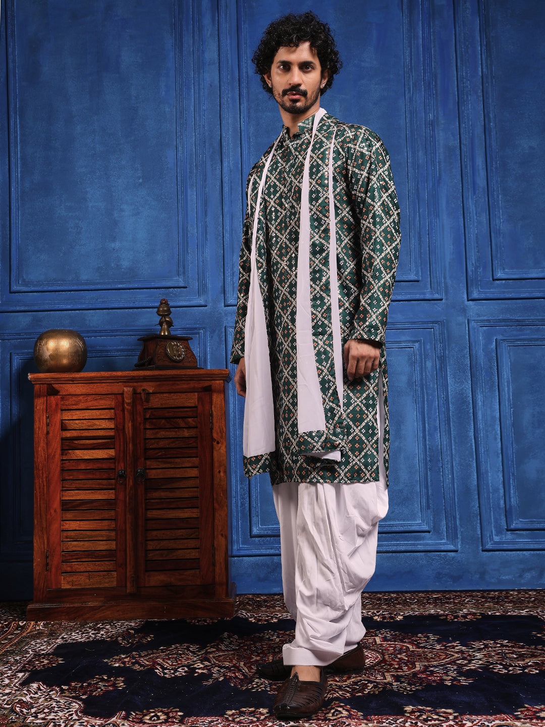 Deep Green Bandhani Printed Kurta Plus Dupatta Set