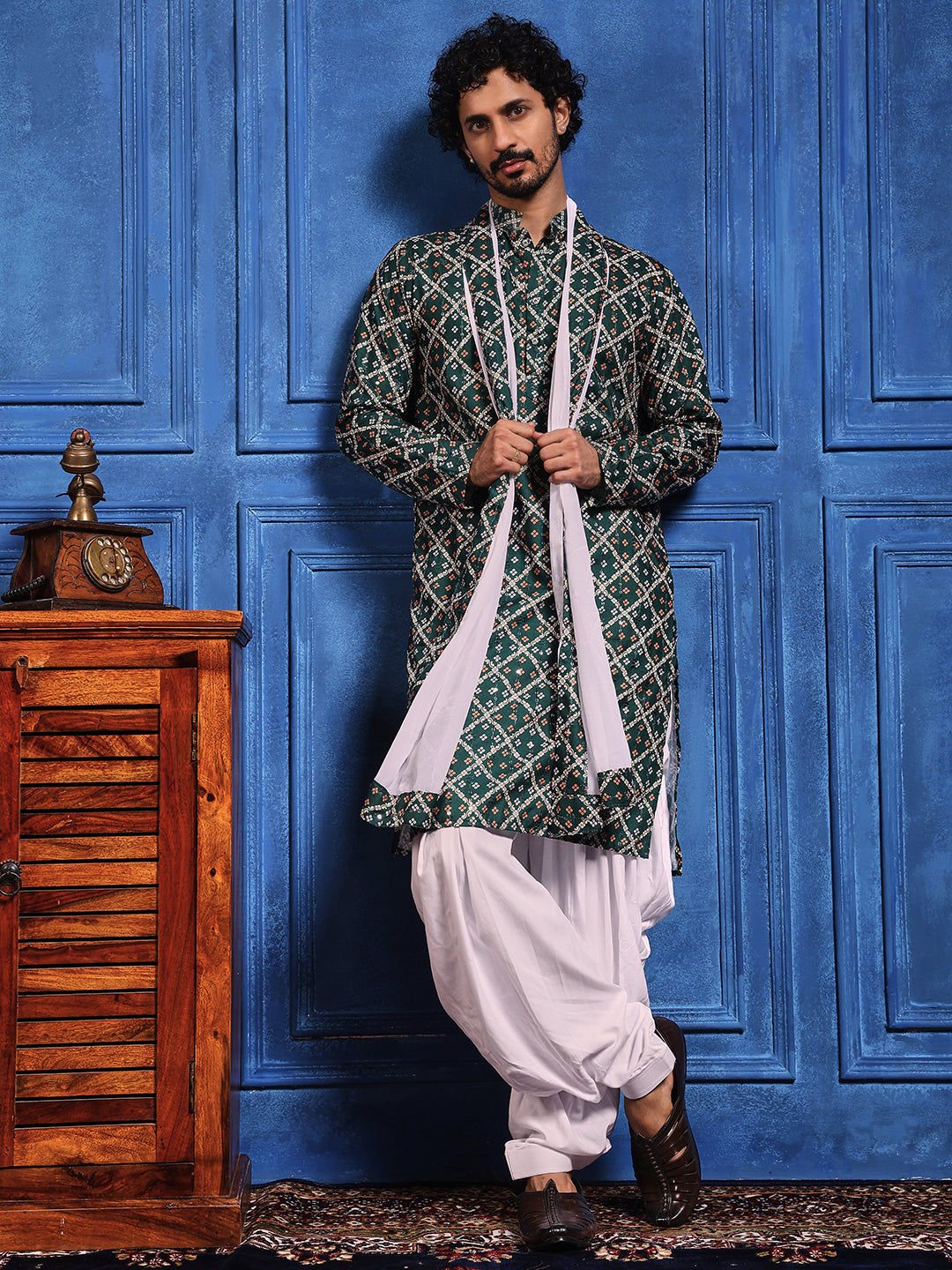 Deep Green Bandhani Printed Kurta Plus Dupatta Set