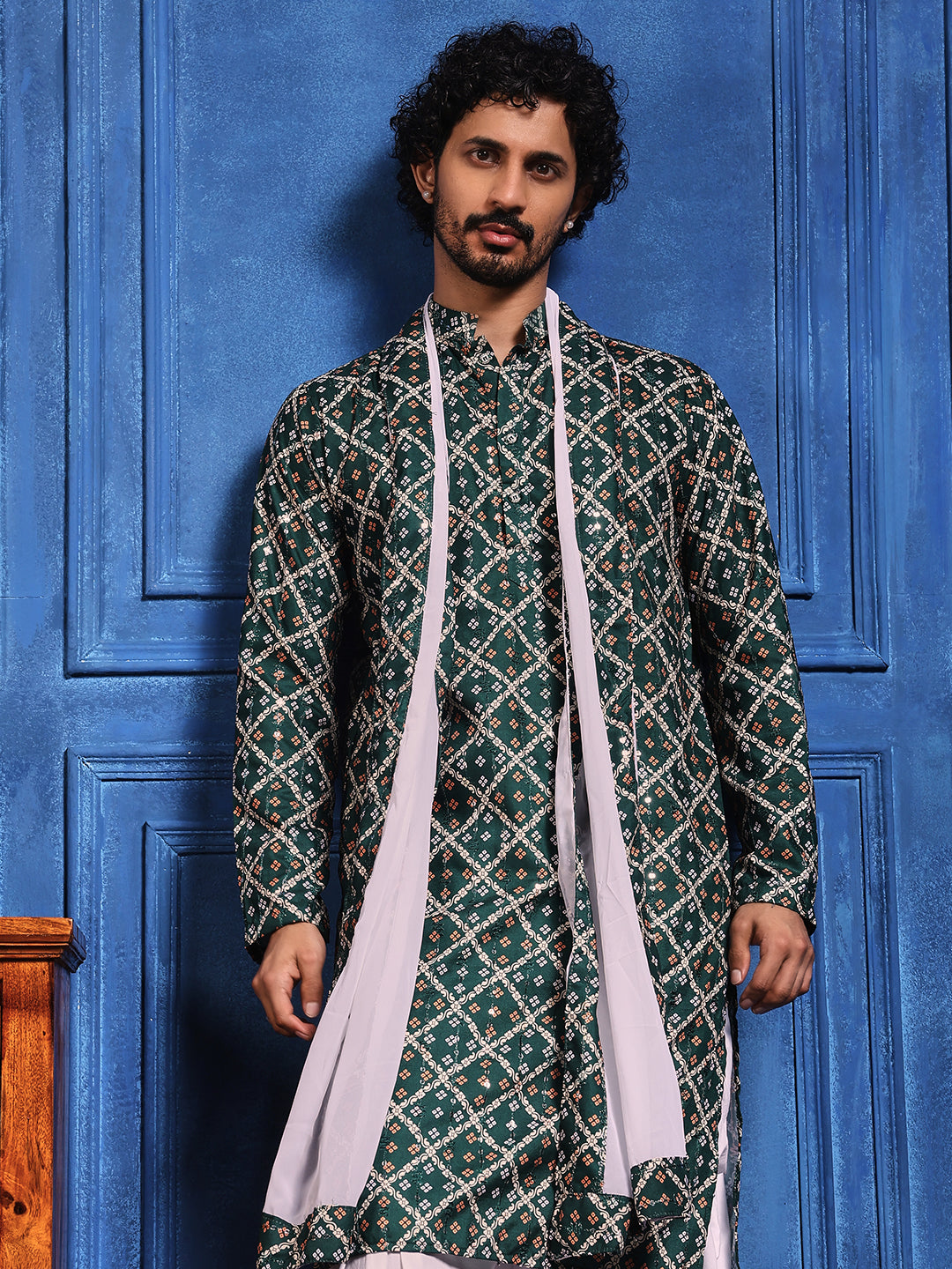 Deep Green Bandhani Printed Kurta Plus Dupatta Set