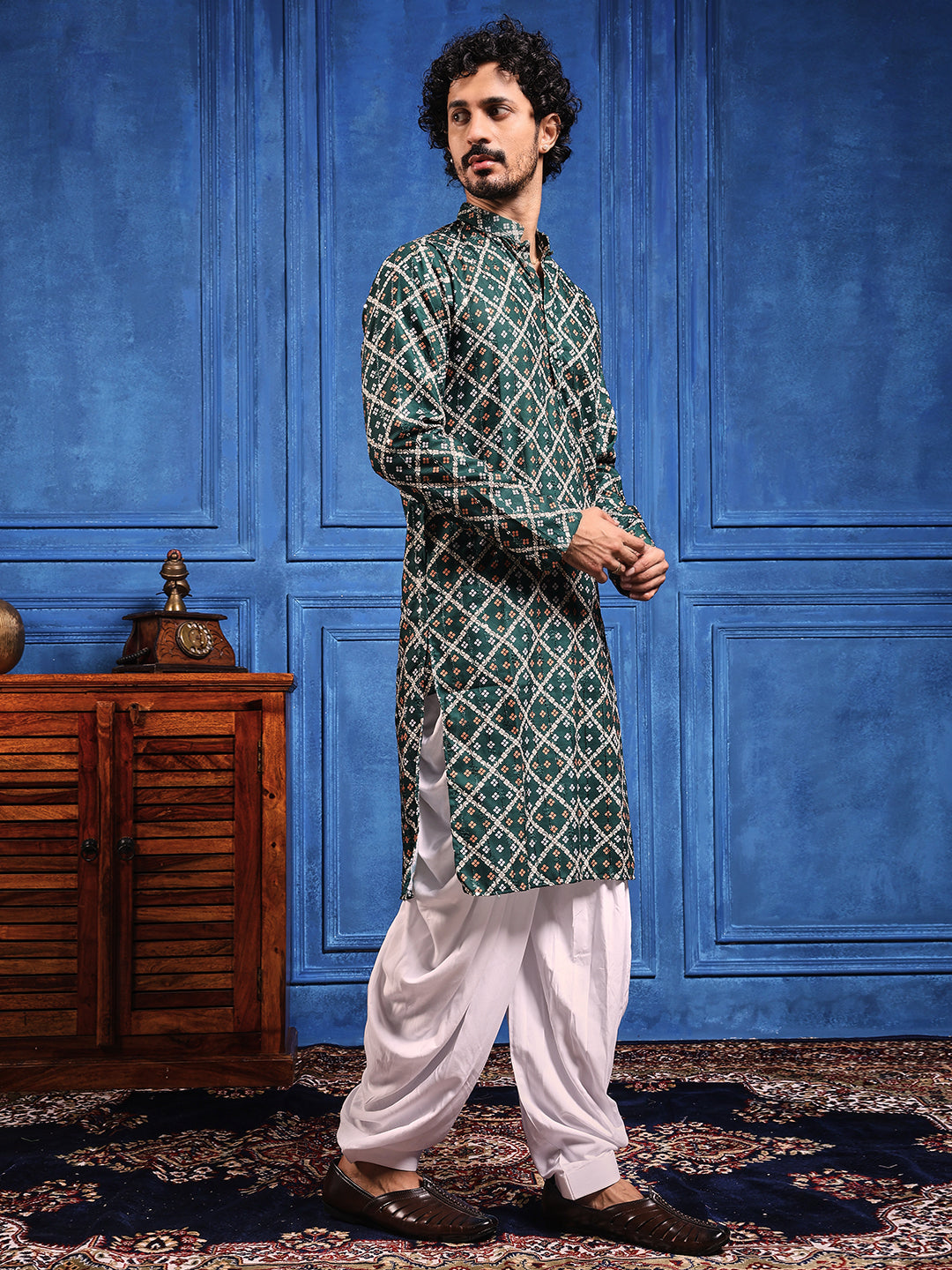 Deep Green Bandhani Printed Kurta Plus Dupatta Set