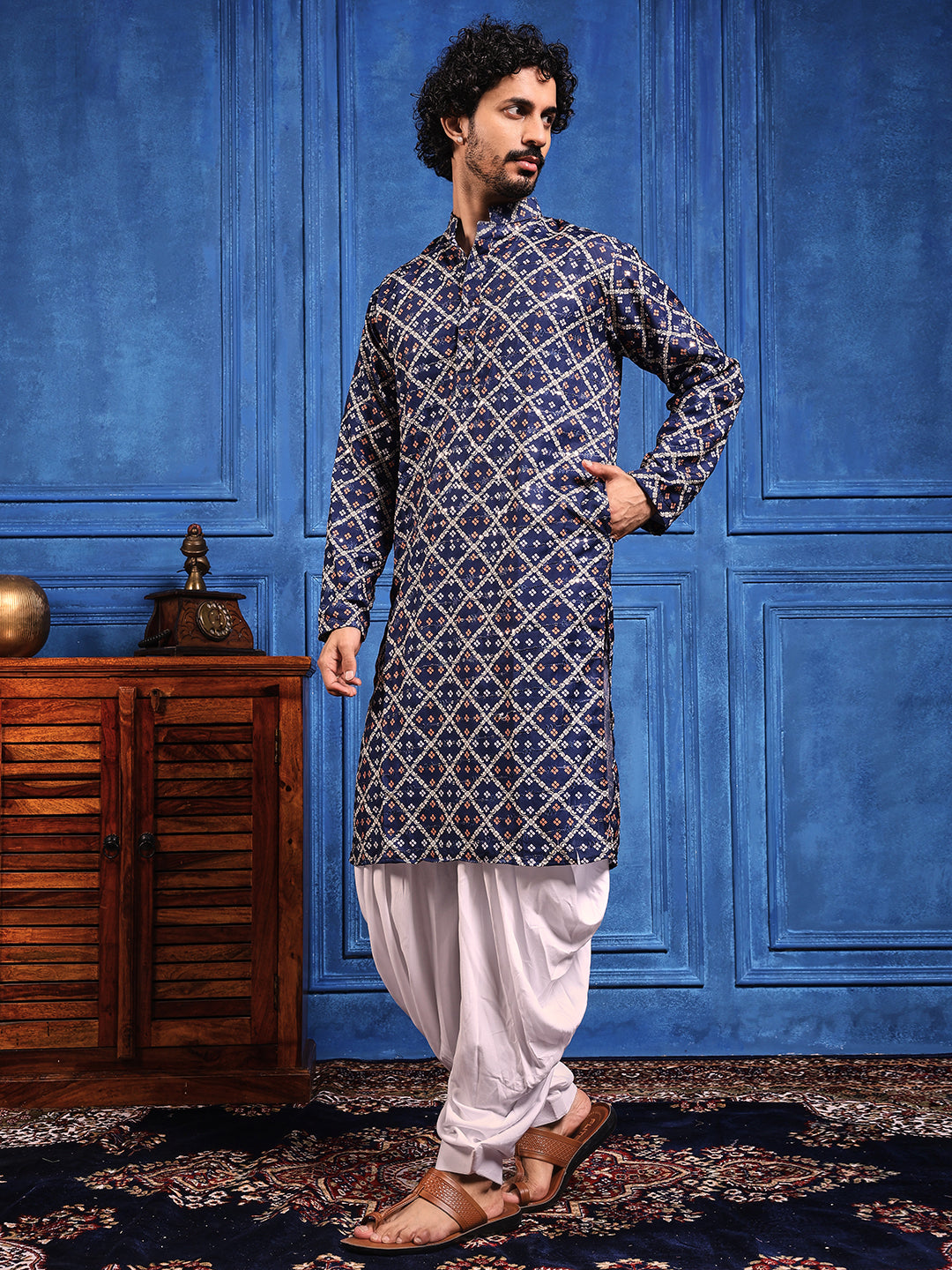 Deep Blue Bandhani Printed Kurta Plus Dupatta Set