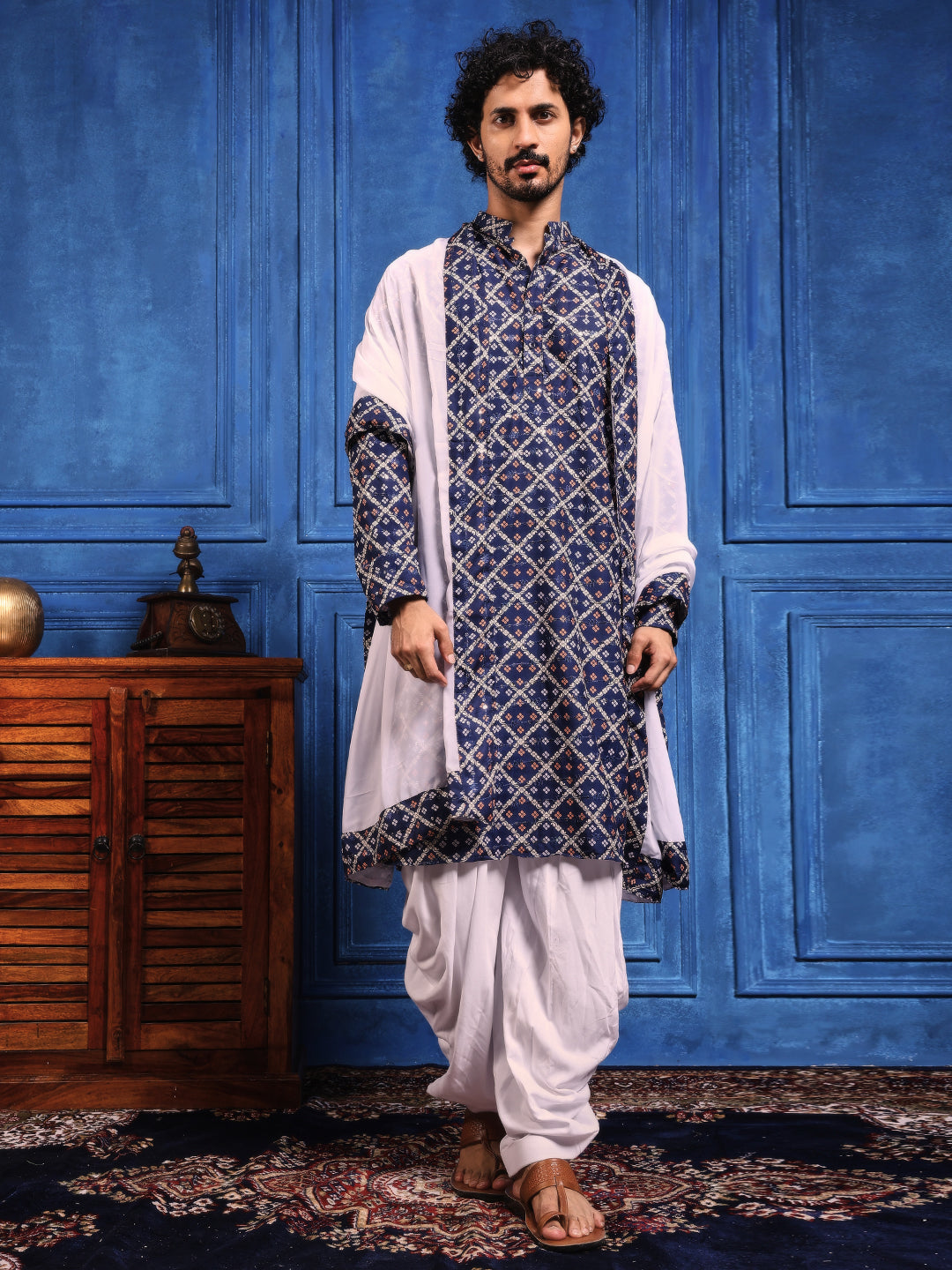 Deep Blue Bandhani Printed Kurta Plus Dupatta Set