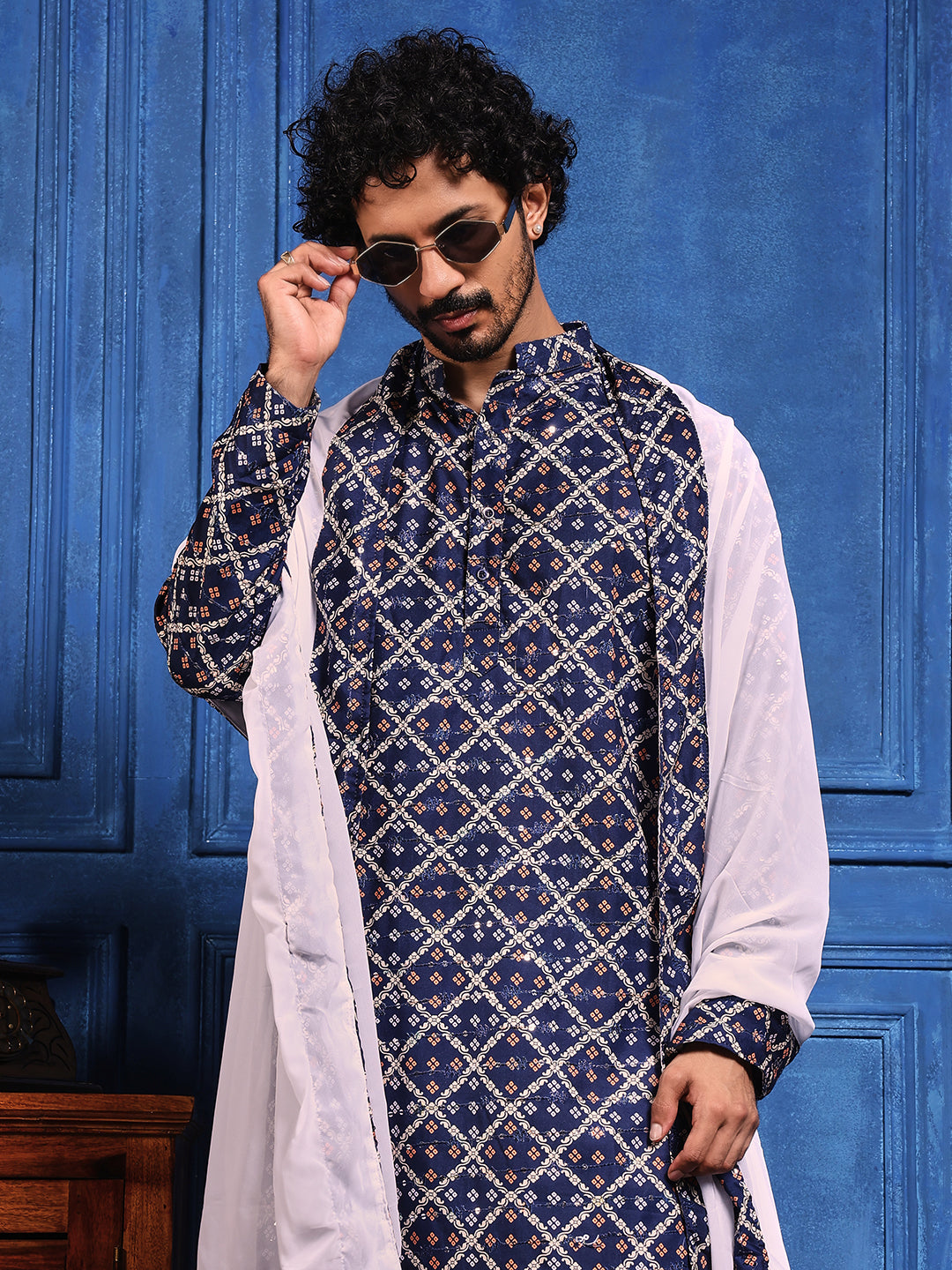 Deep Blue Bandhani Printed Kurta Plus Dupatta Set