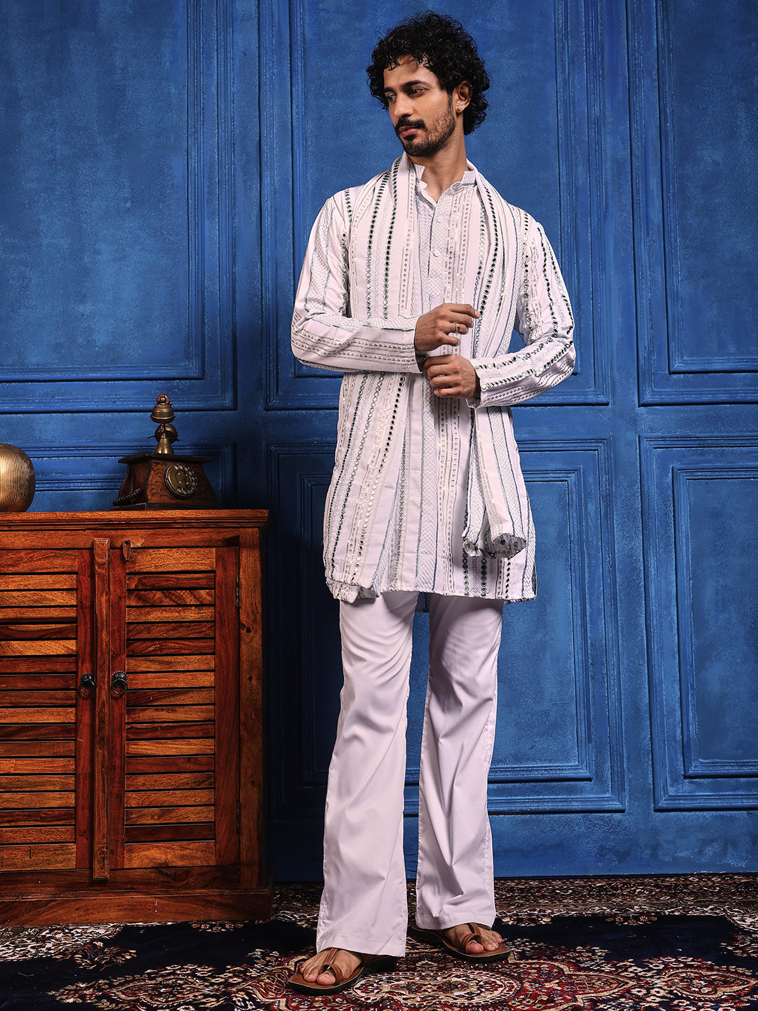 Rang Leheriya Grey Foiled Mirror Striped Work SHORT Kurta + dupatta set.