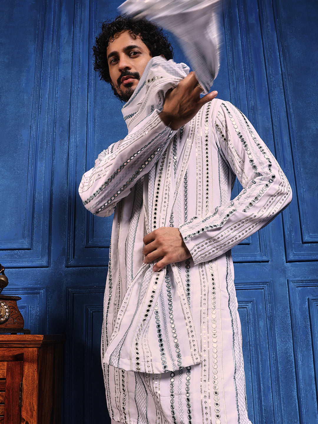 Rang Leheriya Grey Foiled Mirror Striped Work SHORT Kurta + dupatta set.