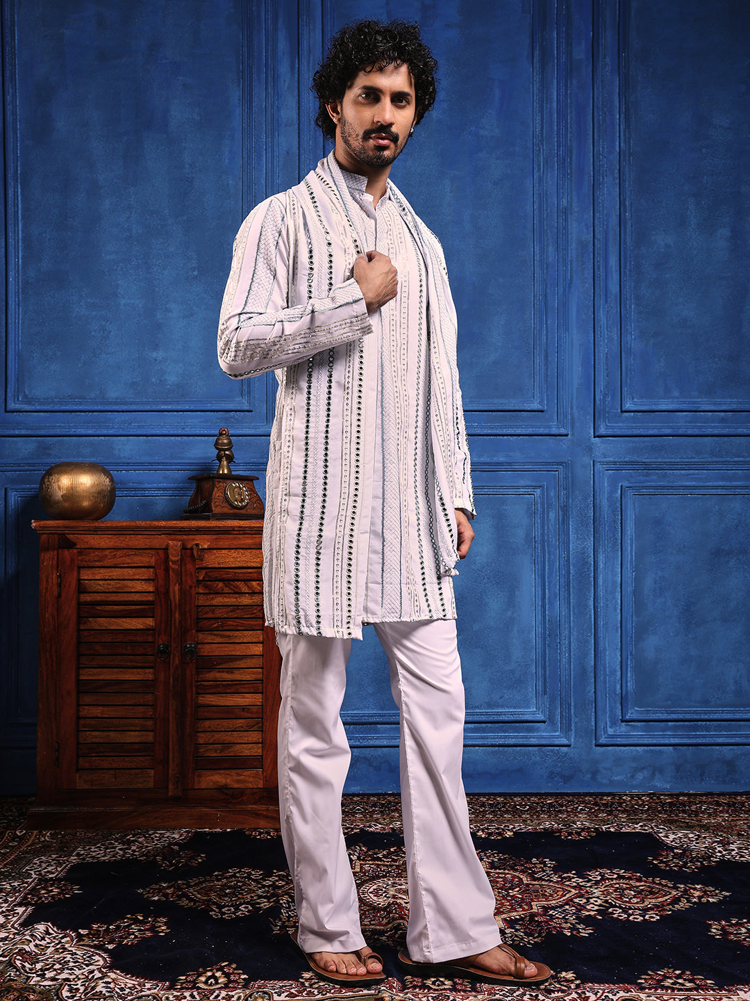 Rang Leheriya Grey Foiled Mirror Striped Work SHORT Kurta + dupatta set.