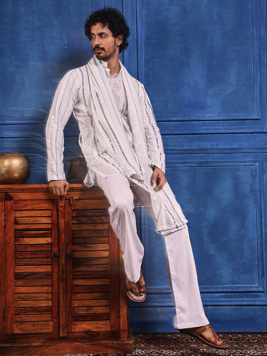 Rang Leheriya Grey Foiled Mirror Striped Work SHORT Kurta + dupatta set.