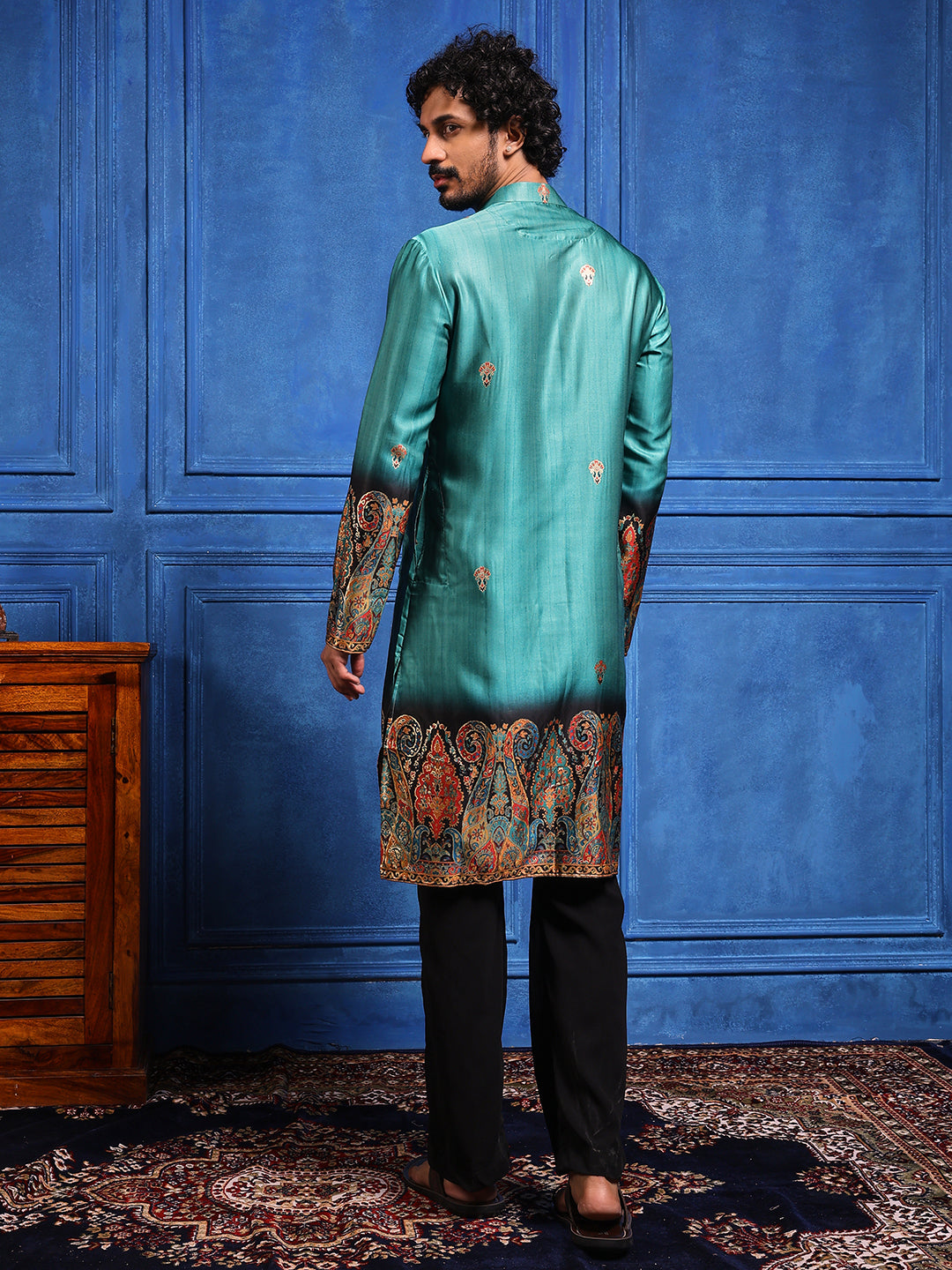 Rustic Teal Foil Printed Cotton Linen Kurta Set