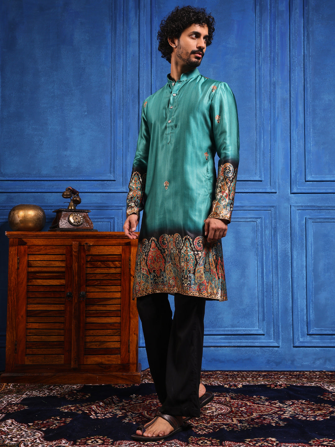 Rustic Teal Foil Printed Cotton Linen Kurta Set