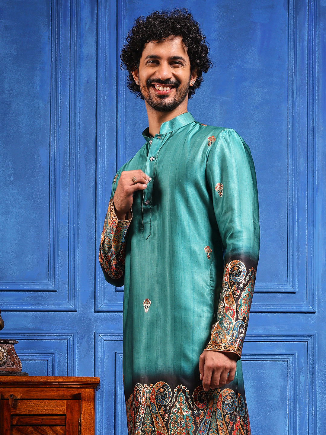 Rustic Teal Foil Printed Cotton Linen Kurta Set