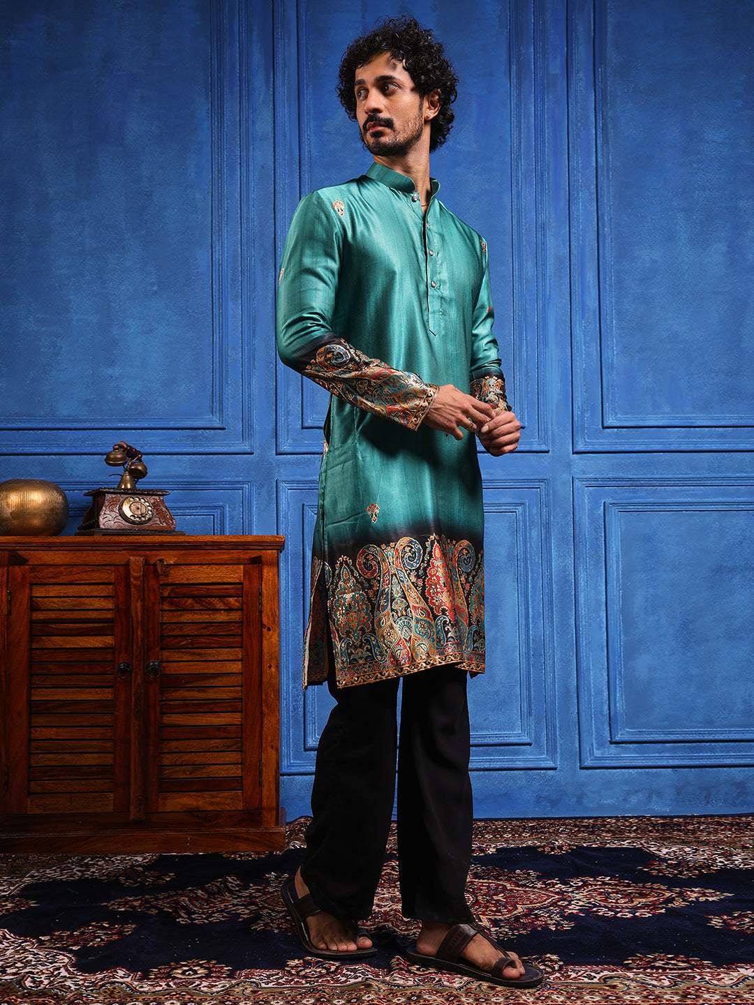 Rustic Teal Foil Printed Cotton Linen Kurta Set