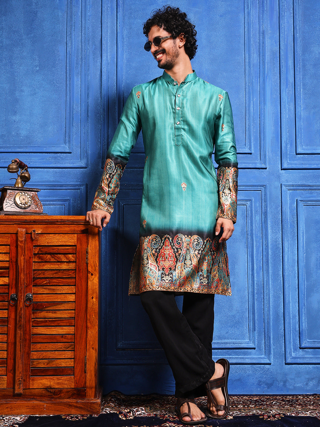 Rustic Teal Foil Printed Cotton Linen Kurta Set