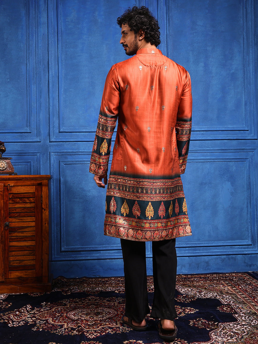 Rustic Orange Foil Printed Cotton Linen Kurta Set