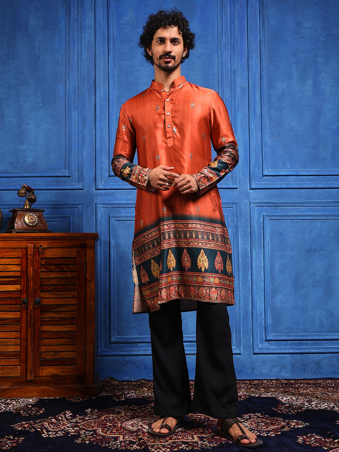 Rustic Orange Foil Printed Cotton Linen Kurta Set