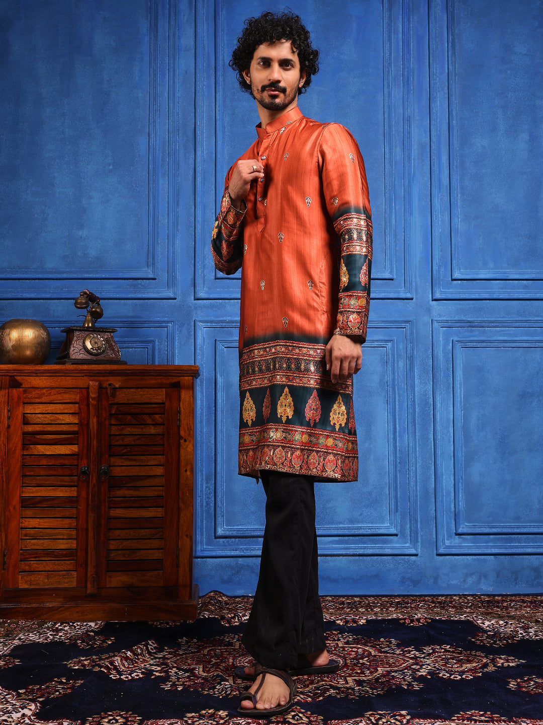 Rustic Orange Foil Printed Cotton Linen Kurta Set