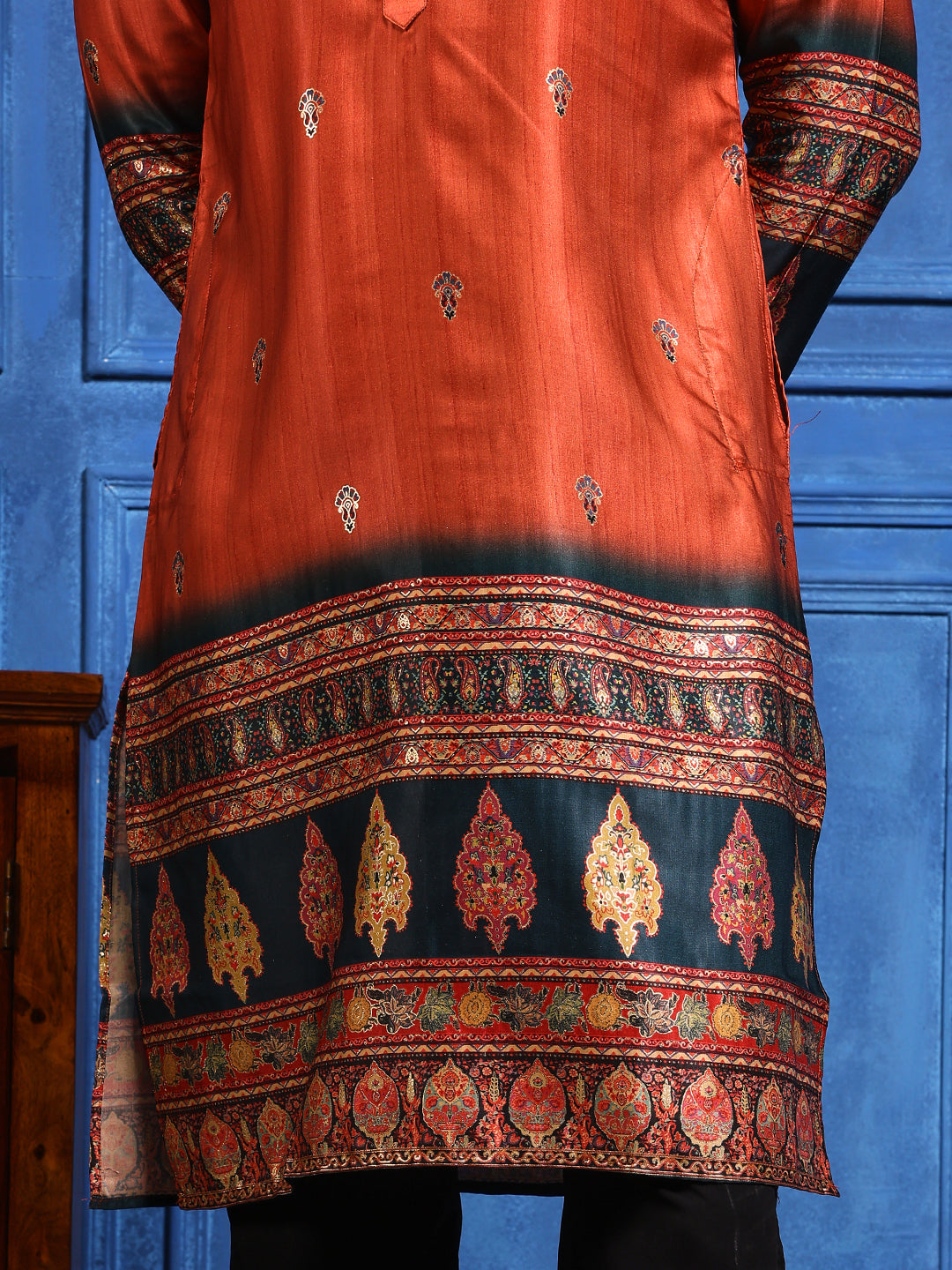 Rustic Orange Foil Printed Cotton Linen Kurta Set