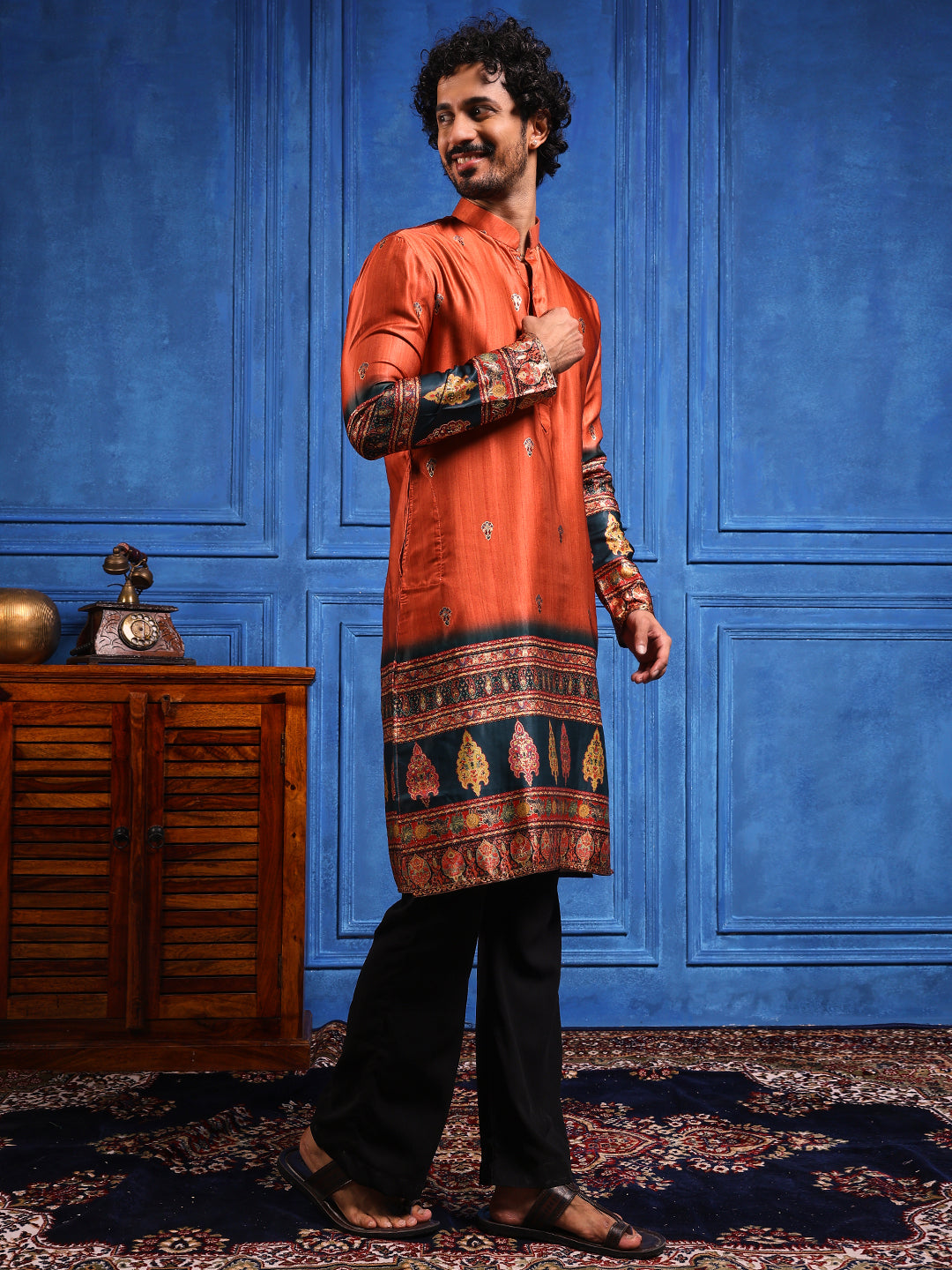 Rustic Orange Foil Printed Cotton Linen Kurta Set