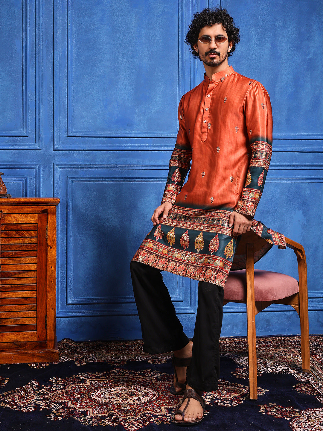 Rustic Orange Foil Printed Cotton Linen Kurta Set