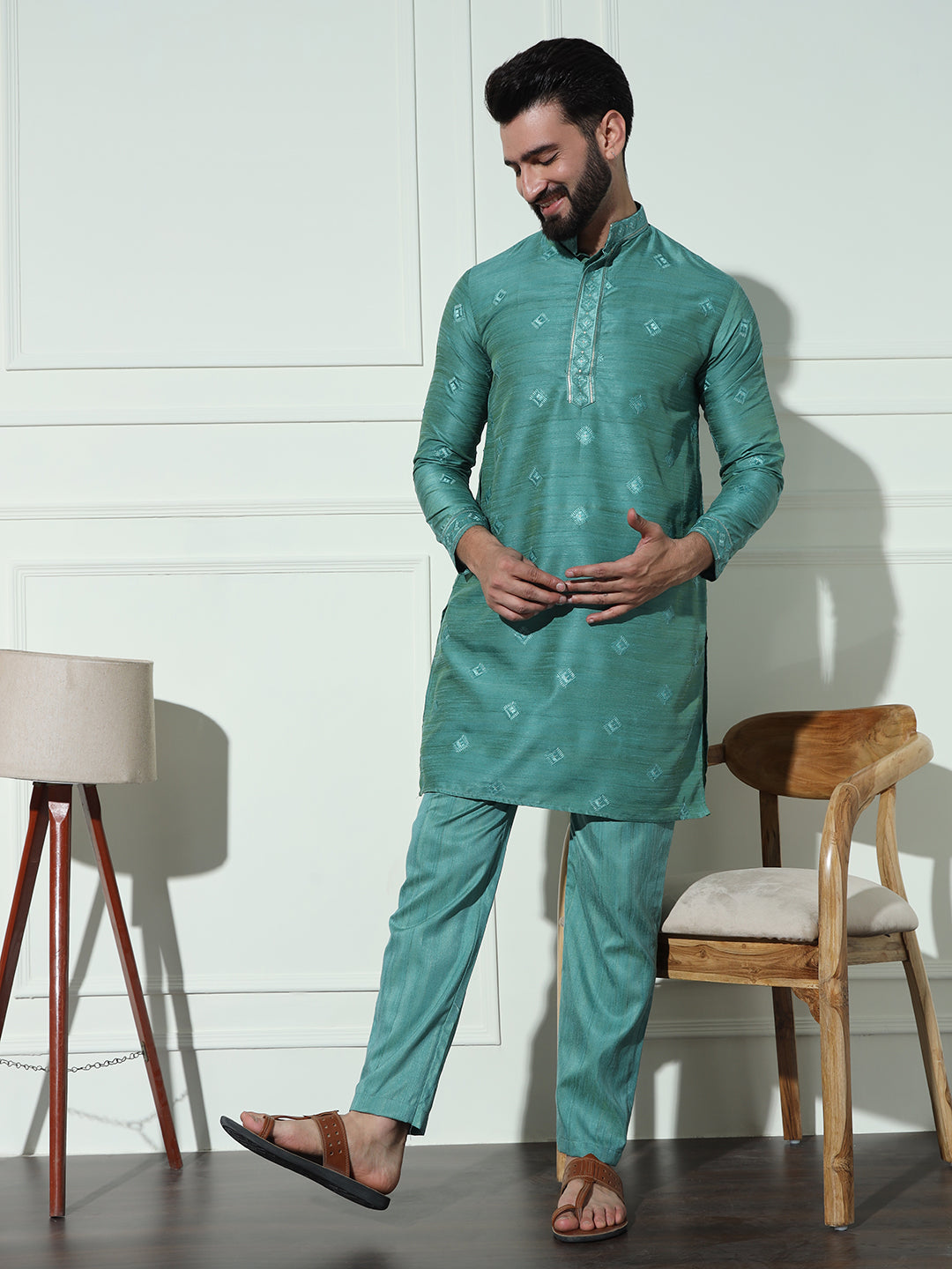Turquoise Green Butta Embroidered Pure Cotton Kurta Set
