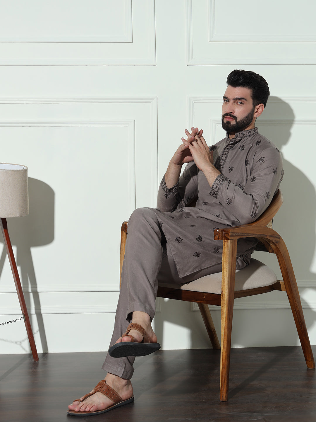 Dusty Grey Butta Embroidered Pure Cotton Kurta Set