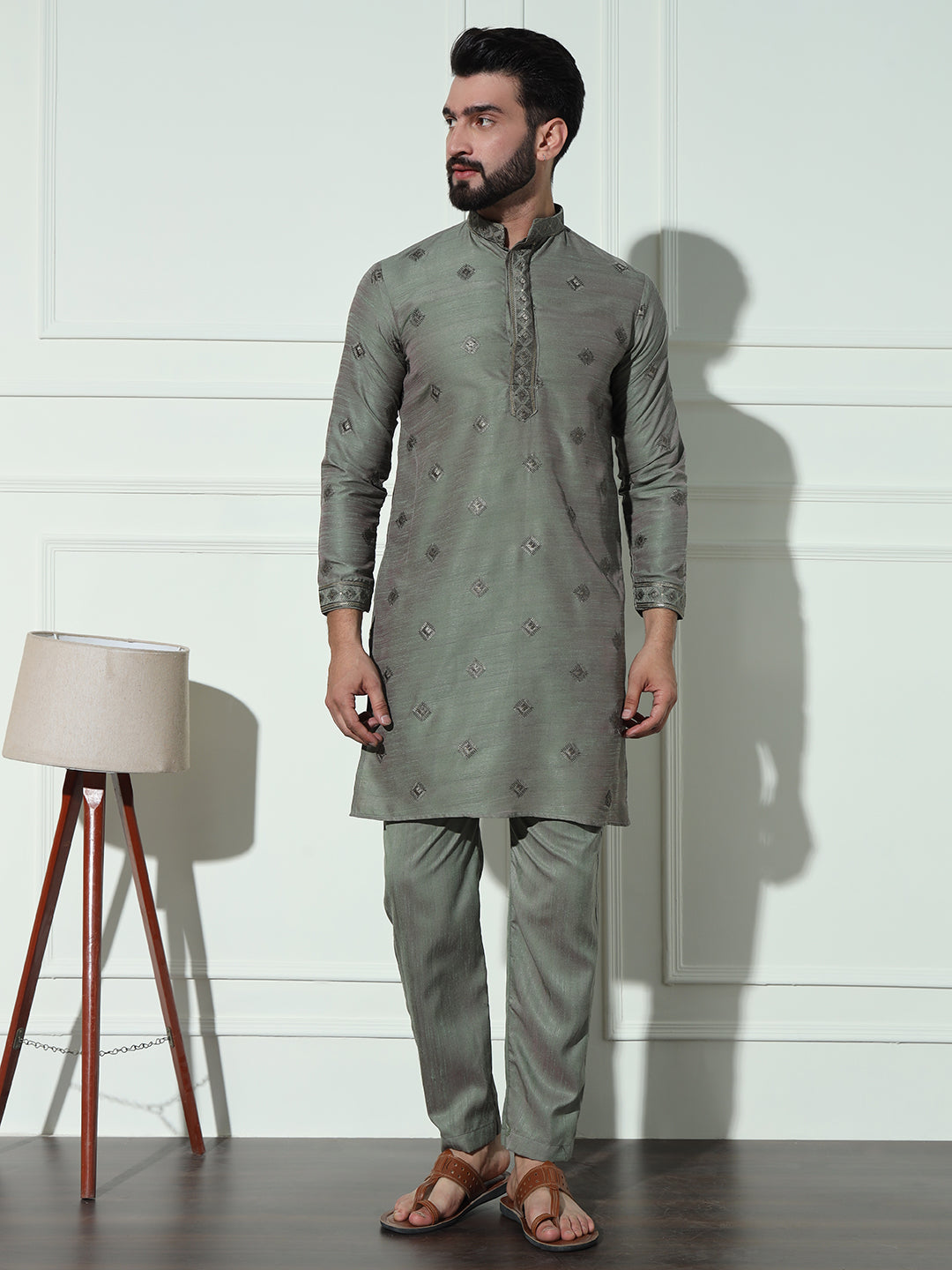 Dusty Green Butta Embroidered Pure Cotton Kurta Set