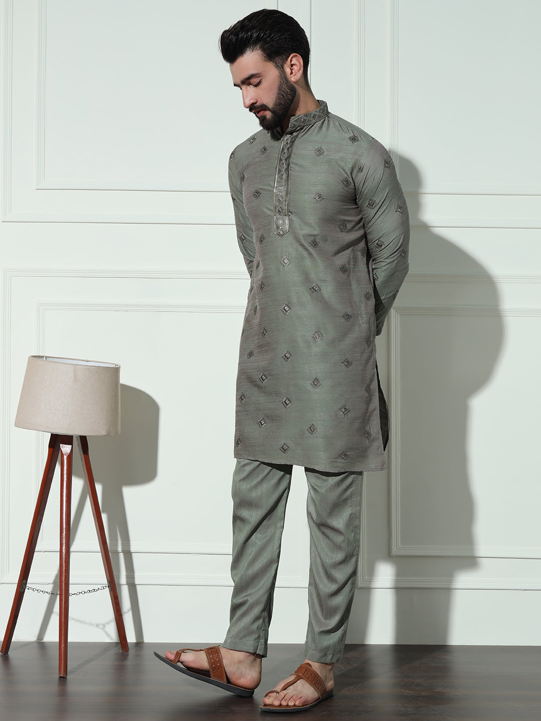 Dusty Green Butta Embroidered Pure Cotton Kurta Set
