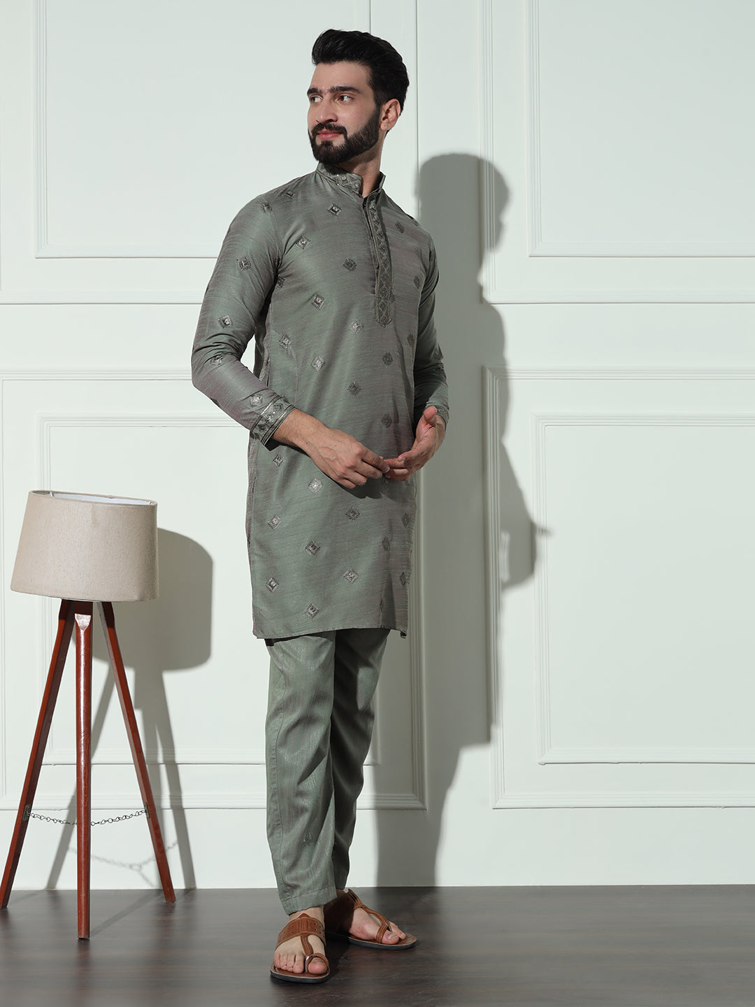 Dusty Green Butta Embroidered Pure Cotton Kurta Set