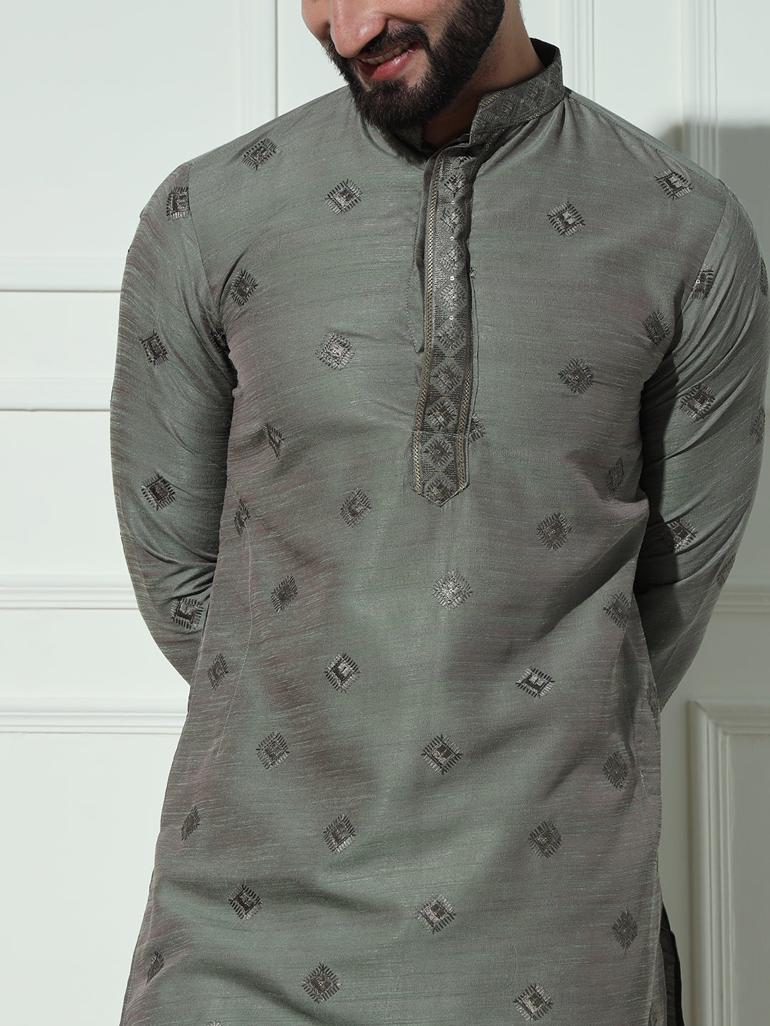 Dusty Green Butta Embroidered Pure Cotton Kurta Set