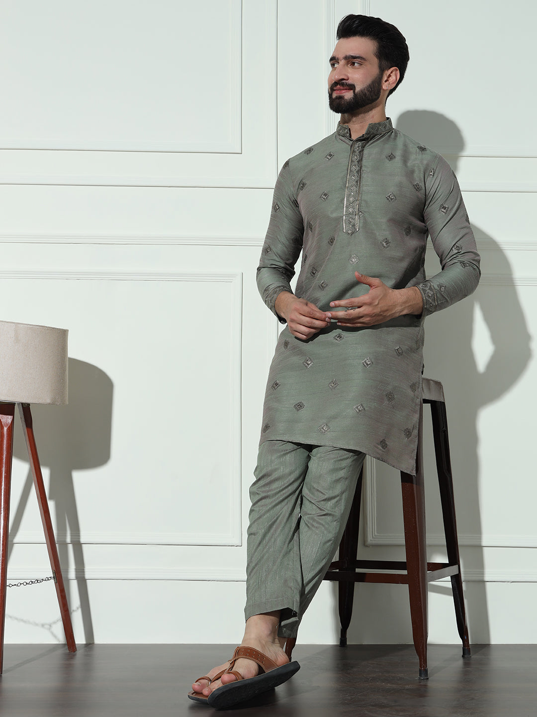 Dusty Green Butta Embroidered Pure Cotton Kurta Set