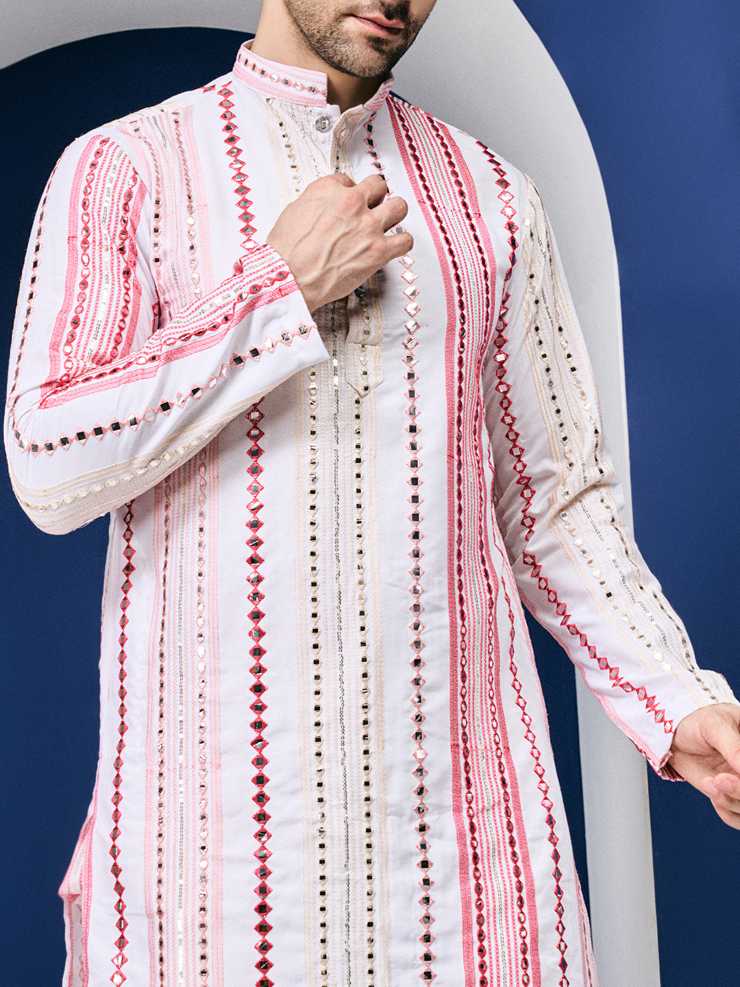 Rang Leheriya Floral Pink Foiled Mirror Striped Work Kurta Set