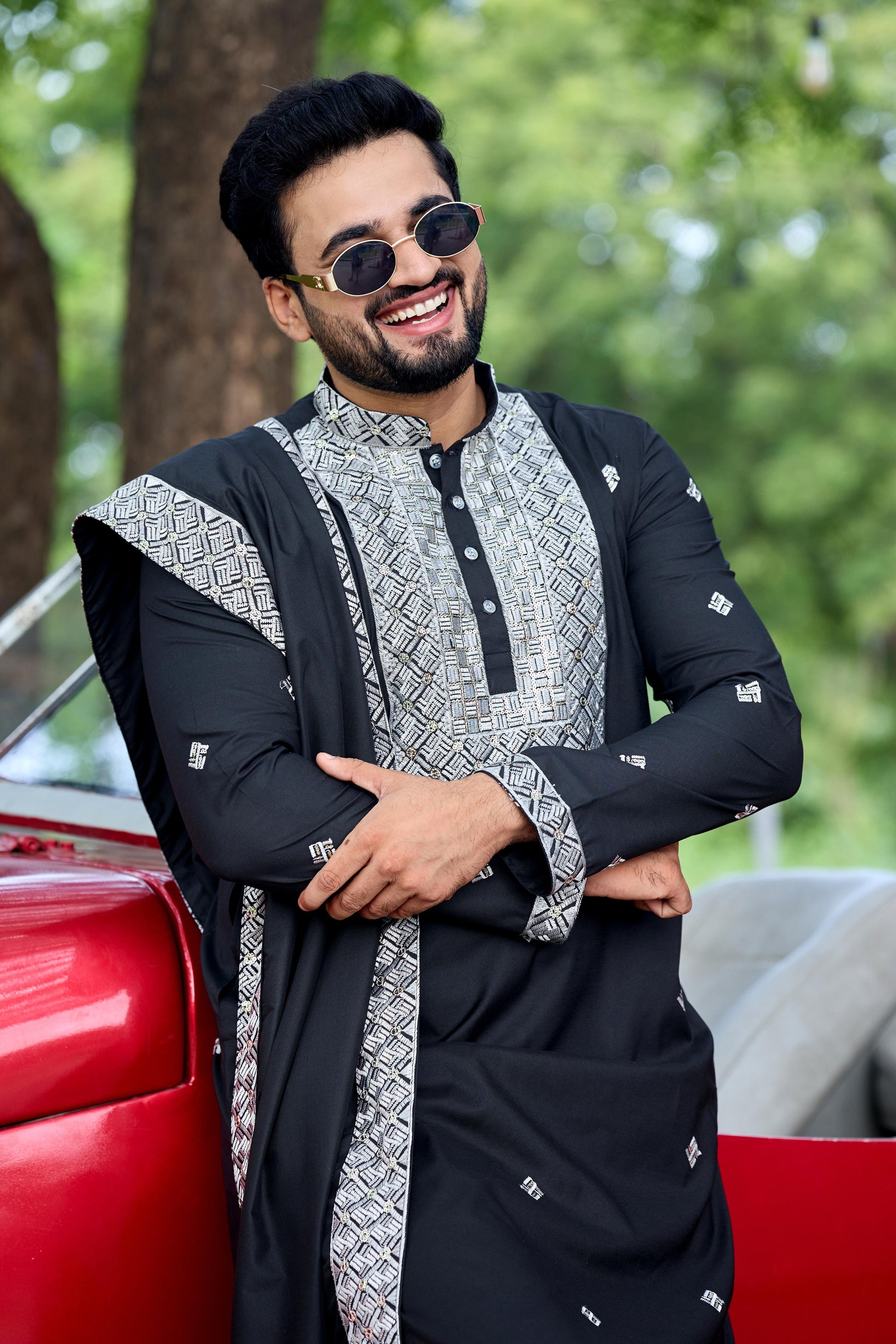 Black Embroidered Kurta with Dupatta and Pant Set