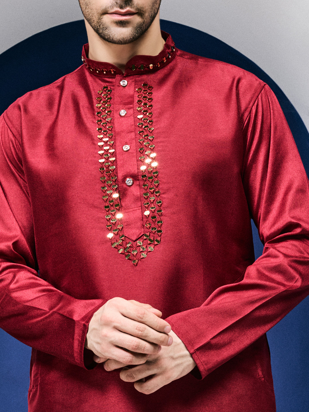 Sparkle Symphony Rustic Red Real Mirror Neck Embroidered Kurta-pant set.